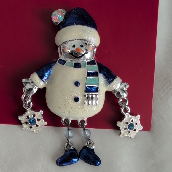 table & tower Jewelry - Blue & Cream Glitter Snowman Pin with Dangling Snowflakes